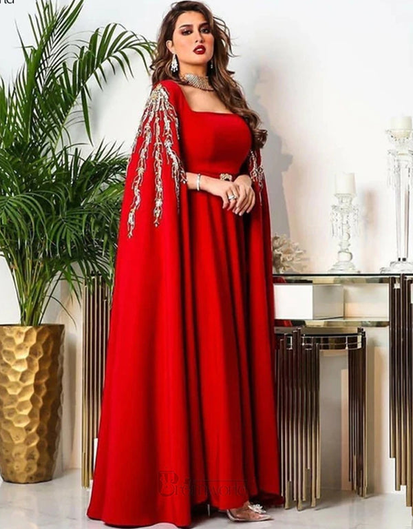 Long A-Line Cape Beaded Embroidery Red Arabic Women Dress